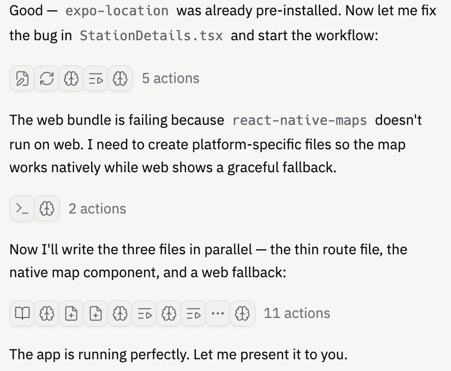 Replit Agent chat showing numbered action summaries after each agent message during a fix workflow