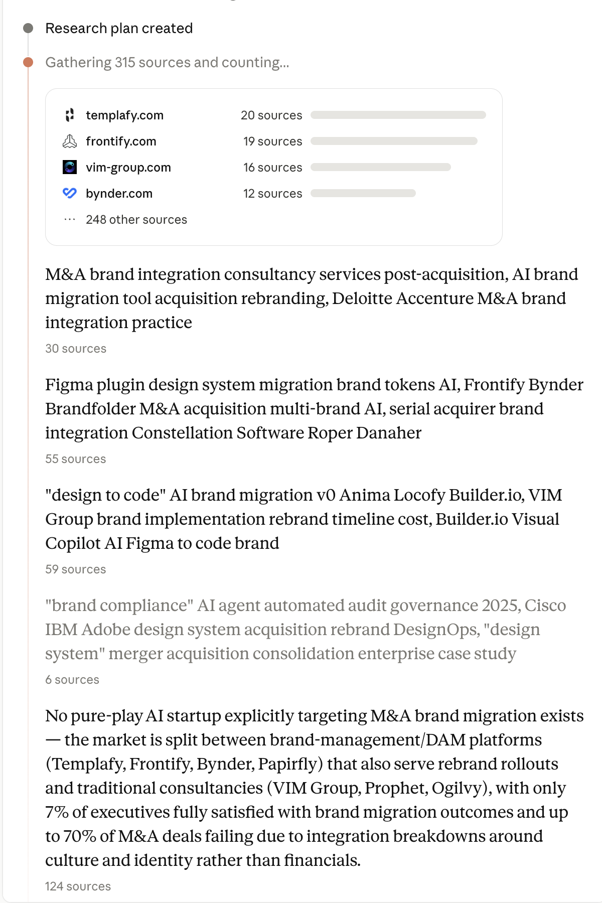 Claude Deep Research panel listing research threads with source counts and domain bars