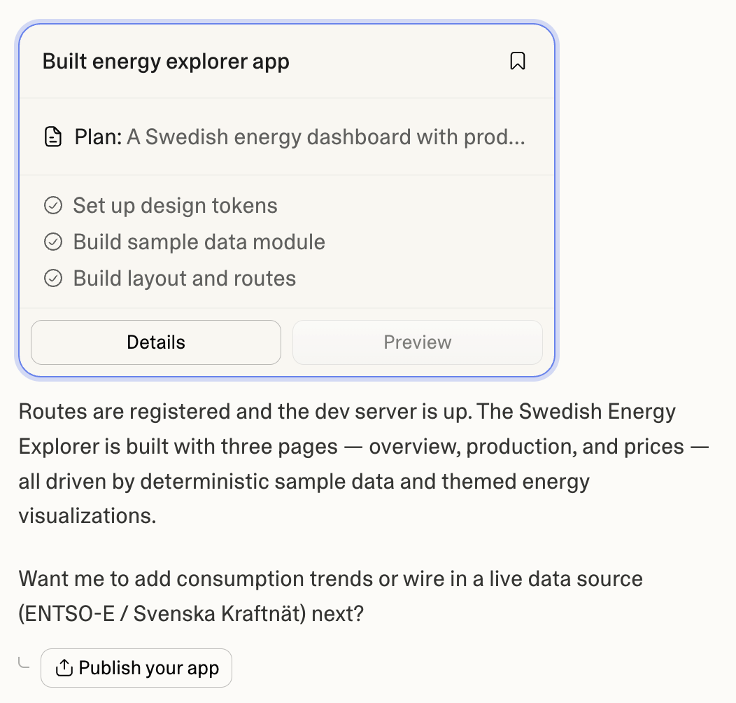 Lovable post-build summary card with completed build steps and Publish your app button below agent reply