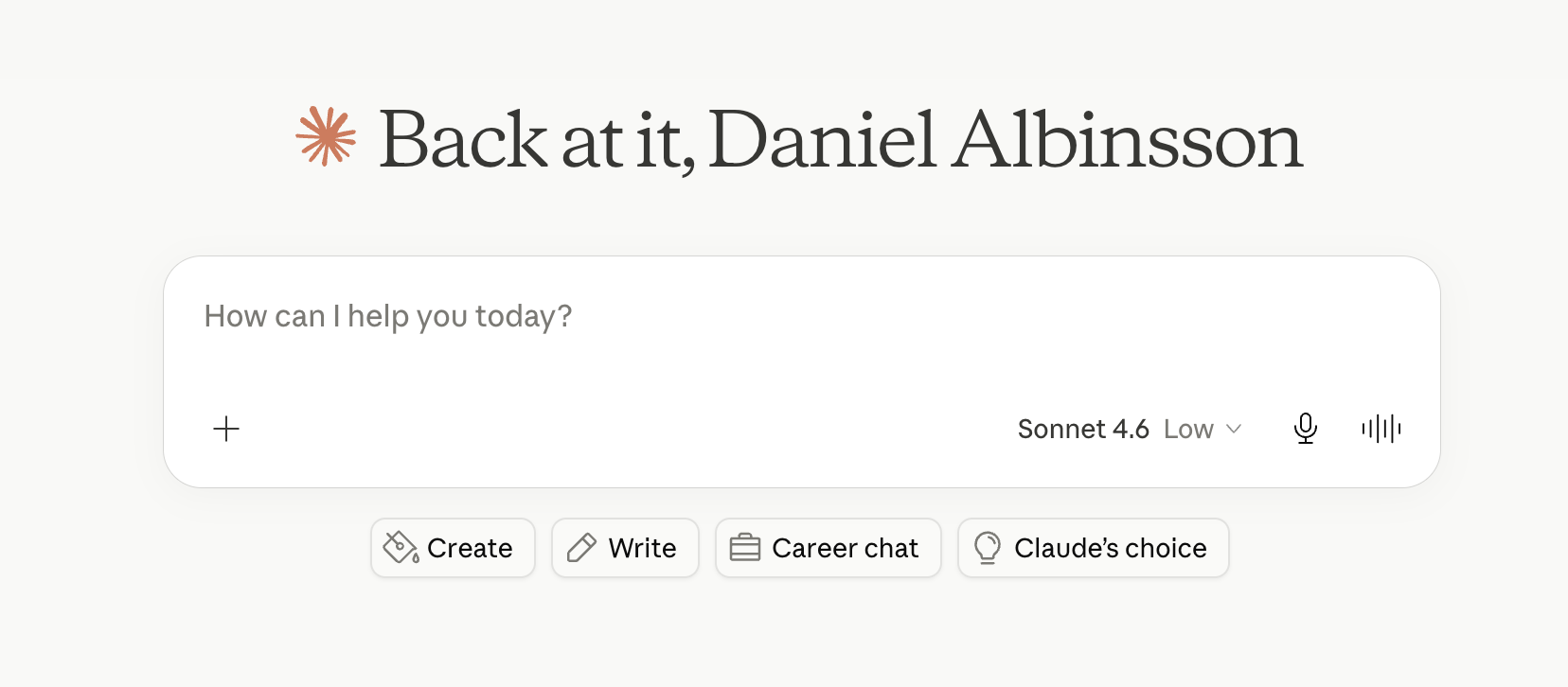 Claude new chat with How can I help you today and quick action buttons