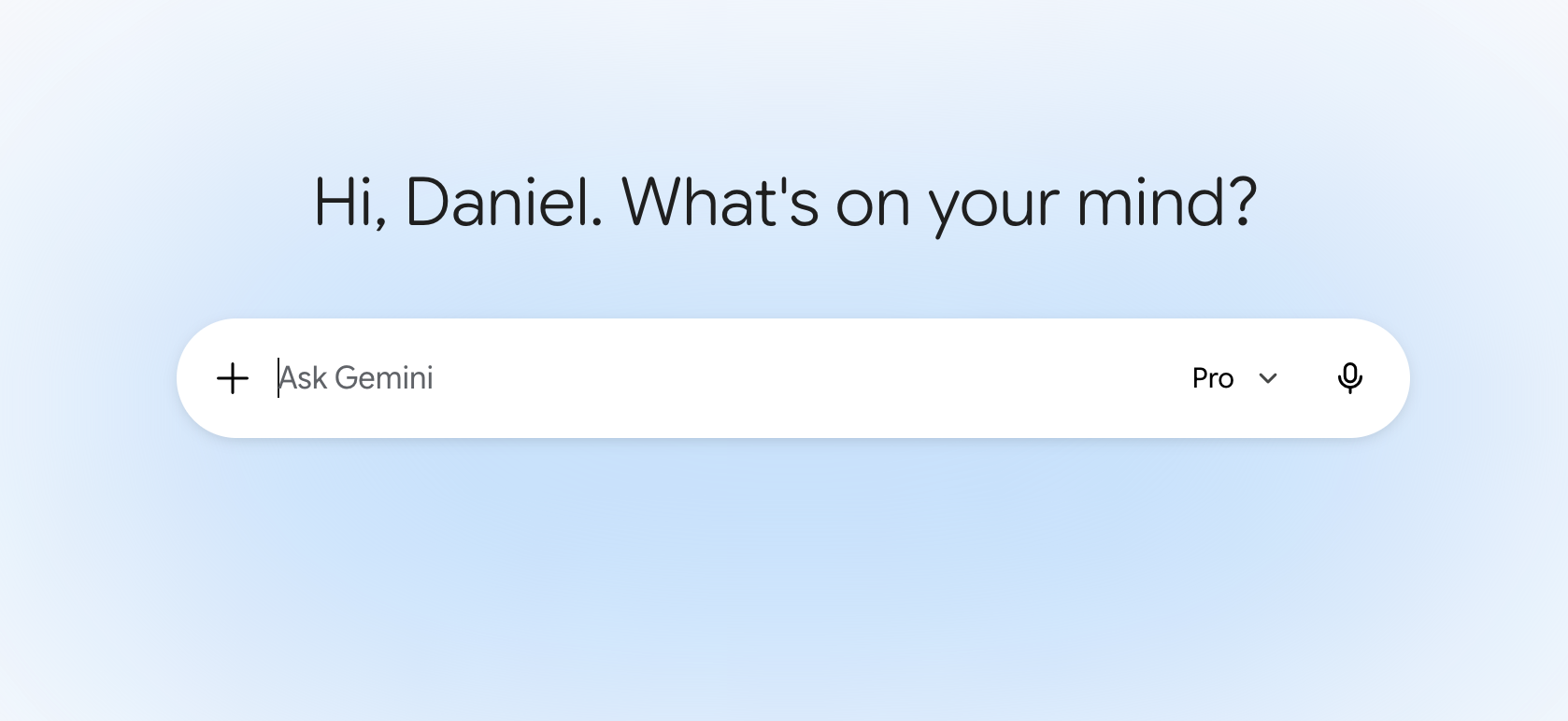 Gemini home with Hi greeting and Ask Gemini composer on a minimal canvas
