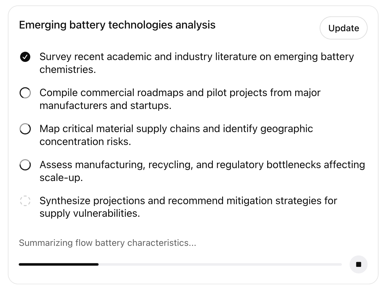 ChatGPT Deep Research task checklist with one completed step, pending steps, and a live summarizing status