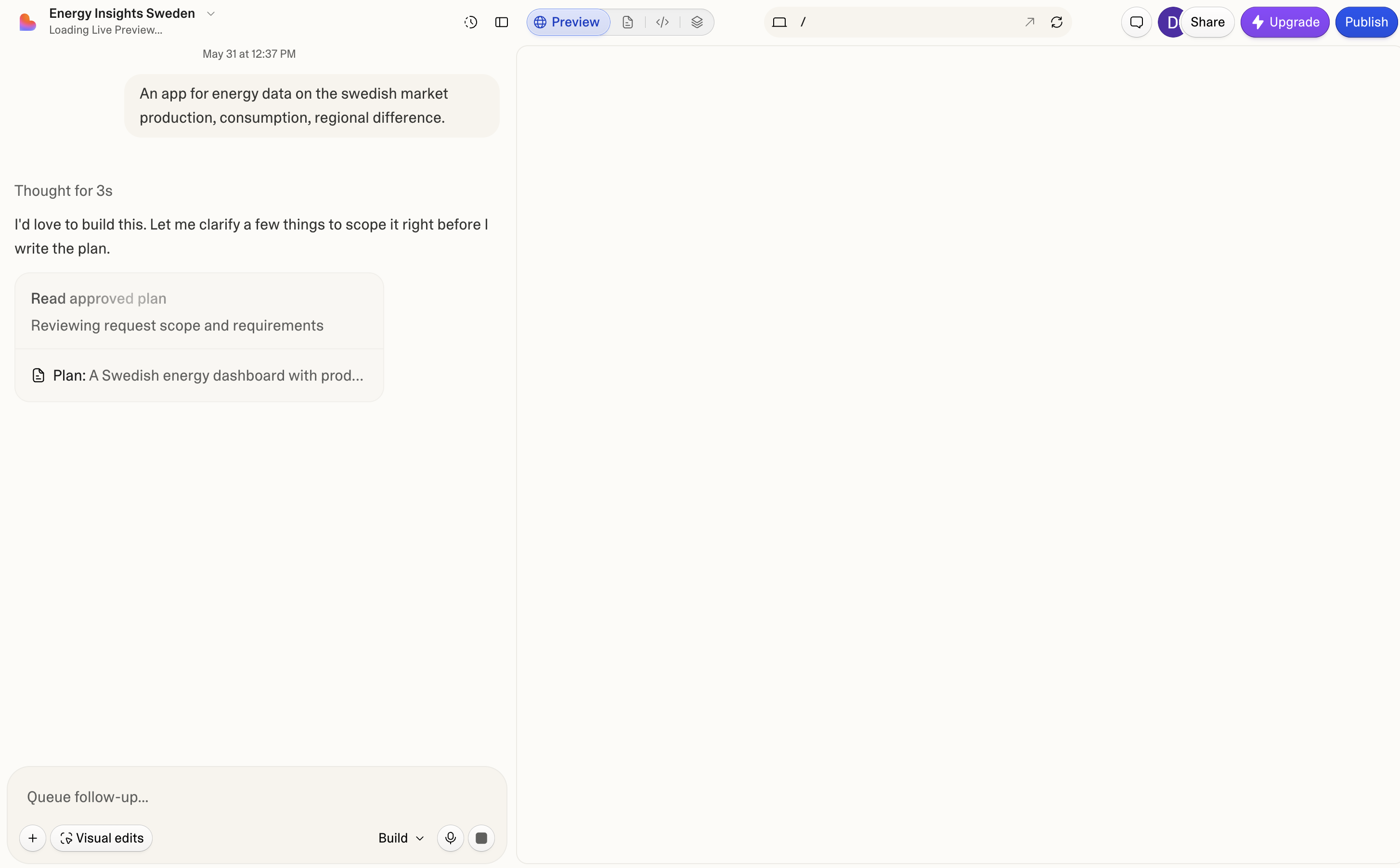 Lovable split view with Loading Live Preview status and blank preview pane while agent scopes Energy Insights Sweden